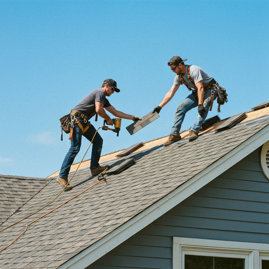 Roofing team installing shingles