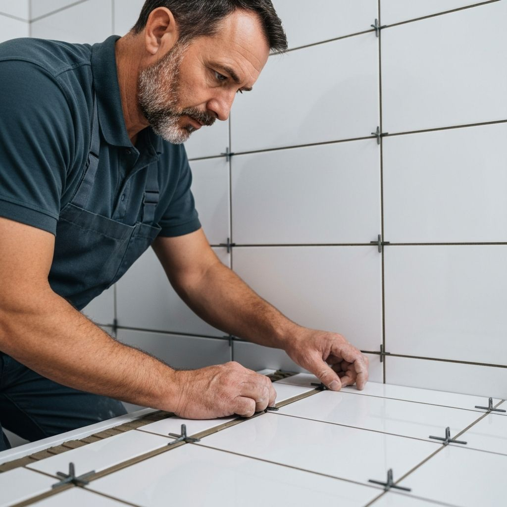 Tile installer laying ceramic tiles