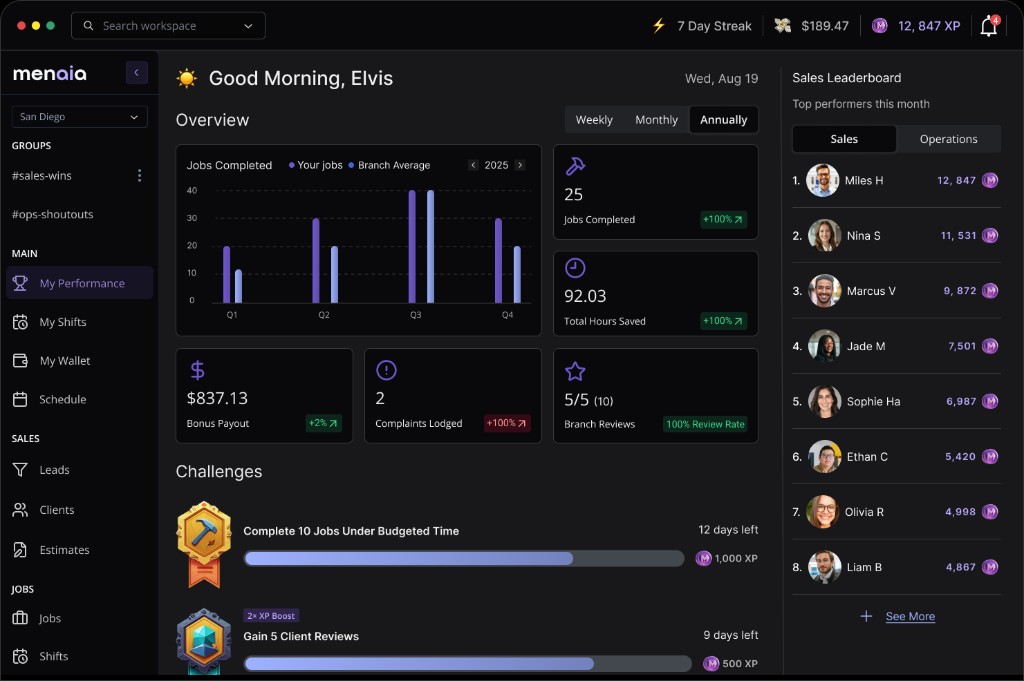 Menaia app dashboard with performance overview, jobs completed, challenges, and sales leaderboard